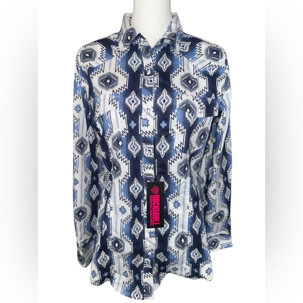 NWT Rock & Roll Denim Western Aztec Print Snaps Shirt LS Womens Large NEW